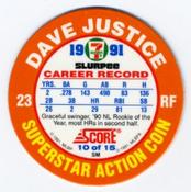 1991 Score 7-Eleven Superstar Action Coins: Northwest Region #10 SM Dave Justice Back