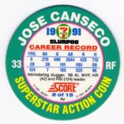 1991 Score 7-Eleven Superstar Action Coins: Southern California Region #2 PJ Jose Canseco Back