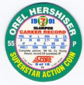 1991 Score 7-Eleven Superstar Action Coins: Southern California Region #5 PJ Orel Hershiser Back