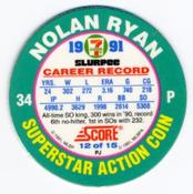 1991 Score 7-Eleven Superstar Action Coins: Southern California Region #12 PJ Nolan Ryan Back