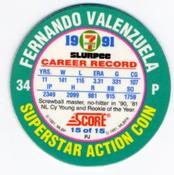 1991 Score 7-Eleven Superstar Action Coins: Southern California Region #15 PJ Fernando Valenzuela Back