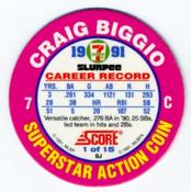 1991 Score 7-Eleven Superstar Action Coins: Texas Region #1 BJ Craig Biggio Back