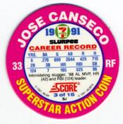 1991 Score 7-Eleven Superstar Action Coins: Texas Region #3 BJ Jose Canseco Back