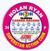 1991 Score 7-Eleven Superstar Action Coins: Texas Region #11 BJ Nolan Ryan Back