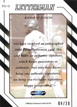 2008 Razor Letterman - Letterman 20 #RD-O Rashun Dixon Back