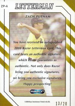 2008 Razor Letterman - Letterman 20 #ZP-A Zach Putnam Back