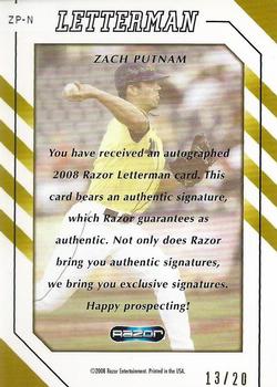 2008 Razor Letterman - Letterman 20 #ZP-N Zach Putnam Back