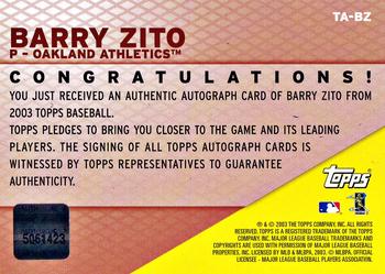 2003 Topps - Autographs #TA-BZ Barry Zito Back