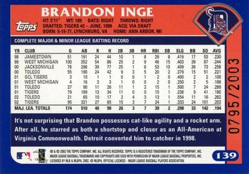 2003 Topps - Gold #139 Brandon Inge Back