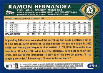2003 Topps - Gold #191 Ramon Hernandez Back