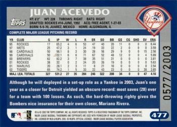 2003 Topps - Gold #477 Juan Acevedo Back