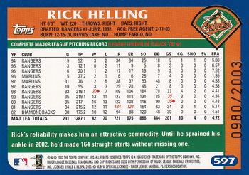 2003 Topps - Gold #597 Rick Helling Back