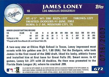 2003 Topps - Gold #672 James Loney Back