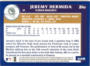 2003 Topps - Home Team Advantage #668 Jeremy Hermida Back