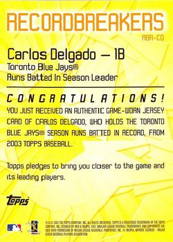 2003 Topps - Record Breakers Relics #RBR-CD1 Carlos Delgado Back