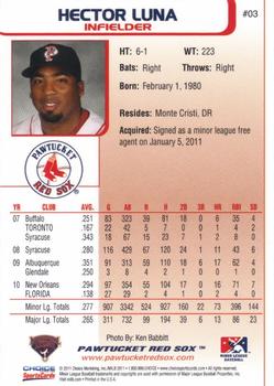 2011 Choice Pawtucket Red Sox #03 Hector Luna Back