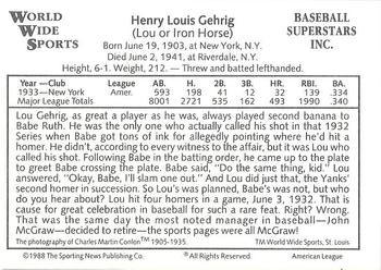 1988 Conlon World Wide Sports American All-Stars #NNO Lou Gehrig Back