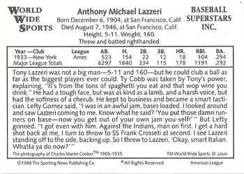 1988 Conlon World Wide Sports American All-Stars #NNO Tony Lazzeri Back