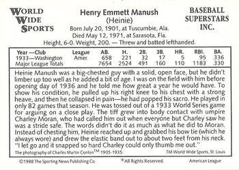 1988 Conlon World Wide Sports American All-Stars #NNO Heinie Manush Back