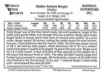 1988 Conlon World Wide Sports National All-Stars #NNO Wally Berger Back
