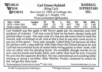 1988 Conlon World Wide Sports National All-Stars #NNO Carl Hubbell Back