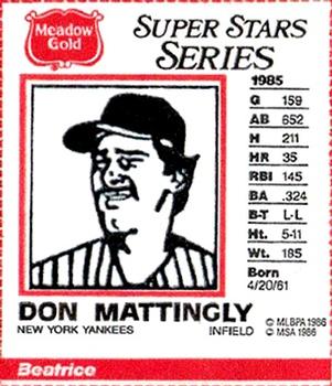 1986 Meadow Gold Milk Carton Sketches #NNO Don Mattingly Front
