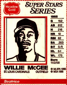 1986 Meadow Gold Milk Carton Sketches #NNO Willie McGee Front