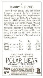 2003 Topps 205 - Polar Bear #1 Barry Bonds Back