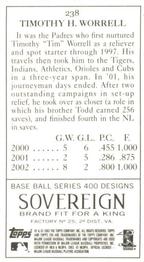 2003 Topps 205 - Sovereign #238 Tim Worrell Back
