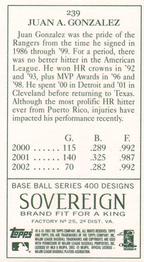 2003 Topps 205 - Sovereign #239 Juan Gonzalez Back