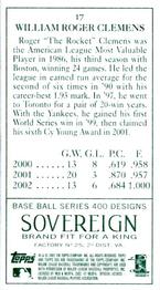 2003 Topps 205 - Sovereign Green #17 Roger Clemens Back