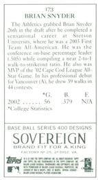 2003 Topps 205 - Sovereign Green #173 Brian Snyder Back