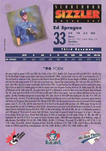 1997 Scorebook Sizzler Toronto Blue Jays #4 Ed Sprague Back