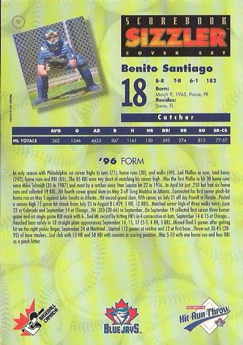 1997 Scorebook Sizzler Toronto Blue Jays #5 Benito Santiago Back