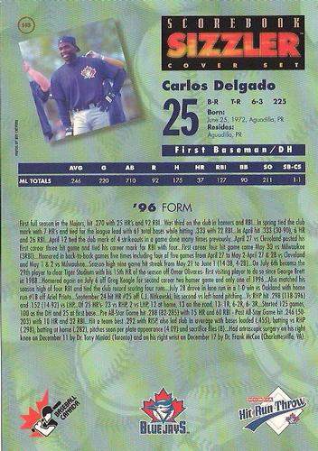 1997 Scorebook Sizzler Toronto Blue Jays #10 Carlos Delgado Back