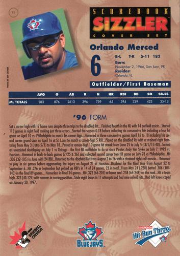 1997 Scorebook Sizzler Toronto Blue Jays #11 Orlando Merced Back