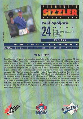 1997 Scorebook Sizzler Toronto Blue Jays #17 Paul Spoljaric Back