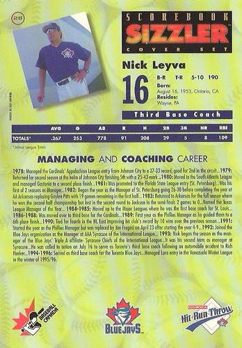 1997 Scorebook Sizzler Toronto Blue Jays #26 Nick Leyva Back