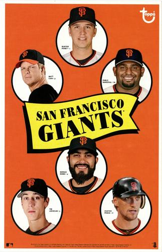 2014 Topps MLB Retro Team Posters 5x7.75 #NNO Buster Posey / Matt Cain / Pablo Sandoval / Tim Lincecum / Sergio Romo / Hunter Pence Front