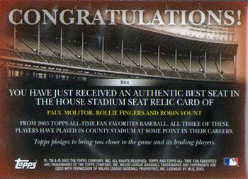 2003 Topps All-Time Fan Favorites - Best Seat in the House #BS4 Paul Molitor / Rollie Fingers / Robin Yount Back