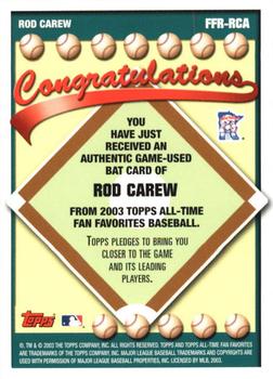 2003 Topps All-Time Fan Favorites - Relics #FFR-RCA Rod Carew Back