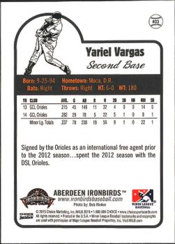 2015 Choice Aberdeen IronBirds #33 Yariel Vargas Back