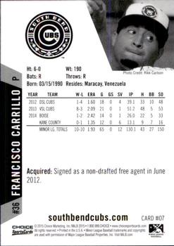 2015 Choice South Bend Cubs #7 Francisco Carrillo Back
