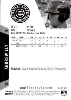 2015 Choice South Bend Cubs #12 Andrew Ely Back