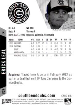 2015 Choice South Bend Cubs #18 Erick Leal Back