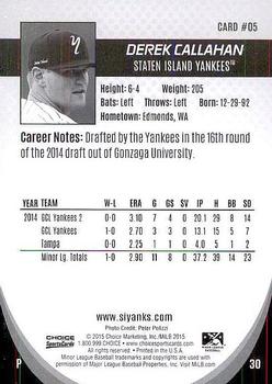 2015 Choice Staten Island Yankees #5 Derek Callahan Back