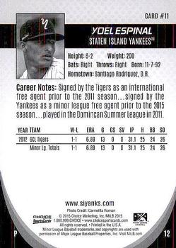 2015 Choice Staten Island Yankees #11 Yoel Espinal Back
