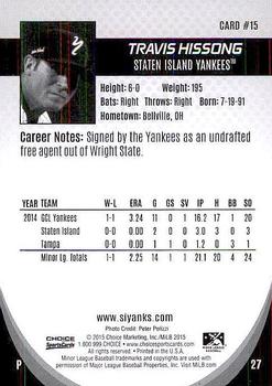 2015 Choice Staten Island Yankees #15 Travis Hissong Back