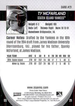 2015 Choice Staten Island Yankees #21 Ty McFarland Back