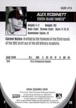 2015 Choice Staten Island Yankees #24 Alex Robinett Back